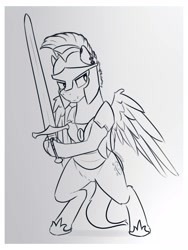 Size: 3000x4000 | Tagged: safe, artist:toanderic, derpibooru import, oc, oc only, oc:elusive shield, pegasus, armor, bipedal, helmet, male, night guard, night guard armor, on hind legs, stallion, sword, weapon