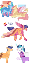 Size: 2000x4300 | Tagged: safe, artist:uunicornicc, derpibooru import, flash sentry, shining armor, twilight sparkle, pony, colored wings, lying down, multicolored wings, prone, scar, simple background, transgender, white background, wings