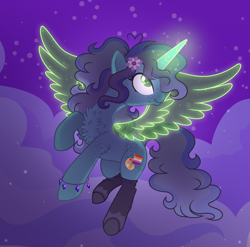 Size: 2205x2180 | Tagged: safe, artist:xxcheerupxxx, derpibooru import, oc, oc:savannah london, pony, unicorn, artificial wings, augmented, female, flying, magic, magic wings, mare, night, solo, wings