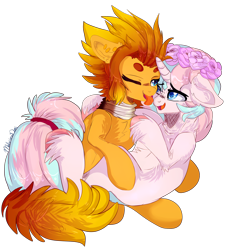 Size: 2324x2580 | Tagged: safe, artist:malicious-demi, derpibooru import, oc, oc only, earth pony, pony, unicorn, bridal carry, carrying, earth pony oc, floral head wreath, flower, horn, oc x oc, shipping, simple background, transparent background, unicorn oc