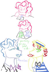 Size: 776x1133 | Tagged: safe, artist:dsstoner, fancypants, flam, pinkie pie, earth pony, pony, unicorn, coloring, comic, cute, drawing, moustache, text