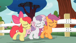 Size: 800x450 | Tagged: safe, derpibooru import, screencap, apple bloom, cozy glow, scootaloo, sweetie belle, earth pony, pegasus, pony, unicorn, marks for effort, season 8, spoiler:s08, animated, apple bloom's bow, bow, celebration, check mark, cheering, collision, curly hair, curly mane, cutie mark crusaders, dust cloud, excited, excitement, eyes closed, female, fence, filly, foal, gif, hair bow, happy, lifting, open mouth, paper, ribbon, small wings, smiling, tackle, teeth, tree, walking, wings