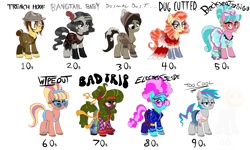 Size: 7500x4506 | Tagged: safe, artist:skunk bunk, derpibooru import, oc, oc only, oc:backseat bingo, oc:bad trip, oc:bangtail baby, oc:dismal dust, oc:electric slide, oc:rug cutter, oc:too cool, oc:trench hoof, oc:wipe out, earth pony, pony, '90s, 10s, 1910s, 20s, 30s, 40s, 50s, 60s, 70s, 80s, absurd resolution, afro, apron, art deco, bandage, beach babe, bedroom eyes, belt, bikini, bow, clothes, diner uniform, dreamworks face, dress, dust, dustbowl, ear piercing, earring, earth pony oc, evening gloves, eyelashes, eyeshadow, fatigues, feather, female, flapper, flower, flower in hair, frown, gloves, great depression, grin, helmet, high, hippie, jeans, jewelry, leg warmers, leg wraps, lipstick, long gloves, makeup, mare, modern art, musician, necklace, pants, peace symbol, pearl, pearl necklace, piercing, poor, pouch, ptsd, roller skates, sad, sandals, scar, scarf, sequins, shocked, shocked expression, simple background, smiley face, smiling, smug, soldier, sultry, sunglasses, swimsuit, vaporwave, waitress, wall of tags, war, white background, world war i