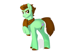 Size: 1280x900 | Tagged: safe, artist:faith-wolff, derpibooru import, oc, oc only, oc:chocolate_mint, earth pony, pony, clothes, earth pony oc, eyebrows, frown, looking at you, magnifying glass, male, raised hoof, raised leg, scarf, simple background, solo, stallion, transparent background