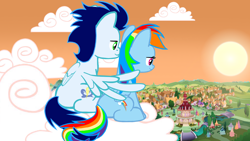 Size: 1280x720 | Tagged: safe, artist:mlplary6, derpibooru import, rainbow dash, soarin', pegasus, pony, cloud, female, male, ponyville, ponyville town hall, shipping, sitting, soarindash, straight, sun, sunset