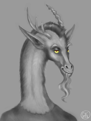 Size: 1200x1600 | Tagged: safe, artist:socialgutbrain777, derpibooru import, discord, draconequus, antlers, beard, facial hair, golden eyes, gray background, long neck, looking at you, male, monochrome, realistic, red eyes, signature, simple background, smiling, smiling at you, solo