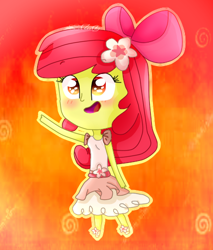 Size: 425x500 | Tagged: safe, artist:lielatm, derpibooru import, apple bloom, equestria girls, blushing, clothes, dress, solo