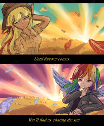 Size: 1280x1555 | Tagged: safe, artist:snowzaaah, derpibooru import, applejack, rainbow dash, human, appledash, feather, female, humanized, lesbian, lyrics, scenery, shipping, song reference, text, winged humanization, wings