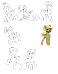 Size: 1280x1617 | Tagged: safe, artist:dangercloseart, derpibooru import, oc, oc only, oc:crimson typhoon, oc:dive siren, oc:kitty hawk, oc:messerschmitt, bat pony, pegasus, unicorn, comic:wings of fire, angry, female, frown, happy, male, mare, mask, simple background, sketch, smiling, stallion, white background
