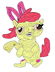 Size: 762x994 | Tagged: safe, artist:applebeans, derpibooru import, apple bloom, earth pony, pony, abomination, apple family member, cutie mark, female, filly, foal, nightmare fuel, open mouth, png, simple background, solo, teeth, transparent background, ugly, wat