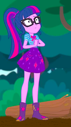 Size: 576x1024 | Tagged: safe, derpibooru import, edit, sci-twi, twilight sparkle, better together, equestria girls, stressed in show, stressed in show: fluttershy, boots, clothes, glasses, log, mud, mud edit, muddy, ponytail, shoes, skirt