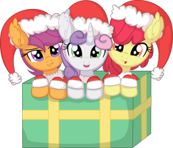 Size: 7764x6623 | Tagged: safe, artist:cyanlightning, derpibooru import, apple bloom, scootaloo, sweetie belle, earth pony, pegasus, pony, unicorn, .svg available, :p, absurd resolution, box, christmas, clothes, costume, cutie mark crusaders, ear fluff, ears, female, filly, foal, grin, hat, holiday, lidded eyes, lip bite, looking at you, open mouth, open smile, pony in a box, present, santa costume, santa hat, simple background, smiling, smiling at you, tongue, tongue out, transparent background, trio, trio female, vector