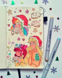 Size: 1789x2235 | Tagged: safe, artist:valeriamagicart, derpibooru import, apple bloom, applejack, rainbow dash, human, christmas, eyes closed, holiday, humanized, mug, traditional art