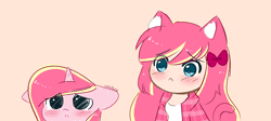 Size: 6232x2800 | Tagged: safe, artist:kittyrosie, derpibooru import, oc, oc only, oc:rosa flame, human, unicorn, anime style, blushing, ears, floppy ears, horn, sad, self paradox, self ponidox, unicorn oc