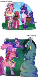 Size: 2200x4400 | Tagged: safe, artist:theartfox2468, derpibooru import, oc, oc only, oc:estella sparkle, oc:valentine, alicorn, earth pony, frog, ophiotaurus, pony, snake, body freckles, coat markings, colored hooves, crystal horn, egg, fangs, female, food, freckles, hair over eyes, hat, horn, leonine tail, long tongue, mare, offspring, parent:big macintosh, parent:flash sentry, parent:fluttershy, parent:twilight sparkle, parents:flashlight, parents:fluttermac, pet, slit eyes, socks (coat marking), strawberry, sun hat, tail, tongue, tongue out