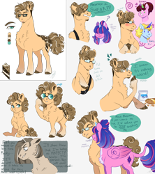 Size: 4000x4500 | Tagged: safe, artist:theartfox2468, derpibooru import, oc, oc:echinacea, oc:estella sparkle, oc:polaris star, oc:rocky road, alicorn, earth pony, pony, unicorn, age progression, baby, baby pony, bisexual, blushing, chest fluff, colt, crystal horn, dialogue, female, foal, glasses, hair over eyes, horn, male, mare, offspring, parent:cheese sandwich, parent:flash sentry, parent:pinkie pie, parent:prince blueblood, parent:trixie, parent:twilight sparkle, parents:bluetrix, parents:cheesepie, parents:flashlight, peanuts, simple background, sniffing, speech bubble, stallion, white background