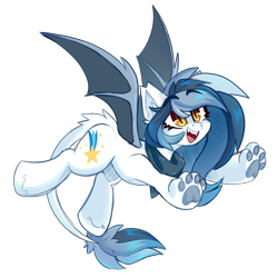 Size: 2000x2000 | Tagged: safe, artist:star-theft, derpibooru import, oc, oc:cobalt comet, bat pony, hippogriff, hybrid, original species, pony, 2022 community collab, bandana, bat pony oc, bat wings, clothes, cutie mark, derpibooru community collaboration, ear fluff, ears, fangs, female, flying, happy, leonine tail, long hair, long tail, mare, paws, simple background, slit eyes, solo, tail, transparent background, underpaw, wings