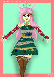 Size: 1280x1807 | Tagged: safe, artist:lennondash, derpibooru import, fluttershy, equestria girls, christmas, christmas tree, clothes, dress, female, fluttertree, gloves, halo, holiday, i'd like to be a tree, long gloves, merry christmas, solo, tree