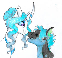 Size: 1094x1024 | Tagged: safe, artist:ask-y, derpibooru import, oc, oc only, pony, duo, horn, simple background, smiling, solo, traditional art, white background