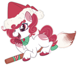 Size: 2034x1697 | Tagged: safe, artist:khimi-chan, derpibooru import, oc, oc only, earth pony, pony, broom, christmas, ear piercing, earring, eyelashes, female, flying, flying broomstick, hat, holiday, jewelry, laughing, mare, piercing, santa hat, simple background, transparent background, underhoof