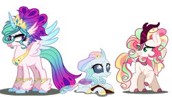 Size: 2400x1350 | Tagged: safe, artist:gihhbloonde, derpibooru import, oc, oc only, changedling, changeling, classical hippogriff, hippogriff, kirin, pony, base used, changedling oc, changeling oc, hippogriff oc, kirin oc, magical lesbian spawn, offspring, parent:autumn blaze, parent:ocellus, parent:princess celestia, simple background, transparent background