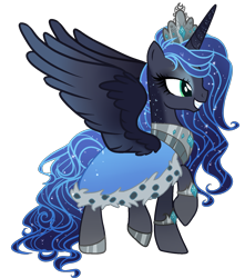 Size: 1500x1700 | Tagged: safe, artist:gihhbloonde, derpibooru import, oc, oc only, alicorn, pony, alicorn oc, base used, cloak, clothes, ethereal mane, eyelashes, female, grin, hoof polish, horn, jewelry, mare, offspring, parent:king sombra, parent:princess luna, parents:lumbra, raised hoof, raised leg, simple background, smiling, starry mane, tiara, transparent background, wings