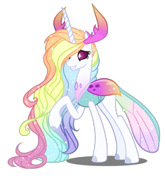 Size: 1600x1700 | Tagged: safe, artist:gihhbloonde, derpibooru import, oc, oc only, changedling, changeling, changepony, hybrid, pony, antlers, base used, changedling oc, changeling oc, eyelashes, horn, interspecies offspring, multicolored hair, offspring, parent:princess celestia, parent:thorax, parents:thoralestia, rainbow hair, simple background, solo, transparent background