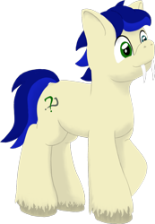 Size: 1083x1566 | Tagged: safe, artist:quint-t-w, derpibooru exclusive, derpibooru import, oc, oc only, oc:silly words, pony, 2022 community collab, derpibooru community collaboration, fangs, full body, heterochromia, male, raised hoof, raised leg, sabertooth pony, sharp teeth, simple background, solo, teeth, thousand yard stare, transparent background, unshorn fetlocks