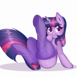 Size: 1280x1286 | Tagged: safe, artist:pecherpa, derpibooru import, twilight sparkle, unicorn twilight, pony, unicorn, blushing, butt, clothes, cute, female, looking at you, mare, plot, simple background, smiling, socks, solo, stockings, thigh highs, twiabetes, twibutt, white background