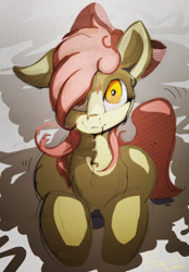 Size: 2278x3264 | Tagged: safe, artist:ruby, derpibooru import, apple bloom, earth pony, pony, robot, female, filly, foal, looking at you, oil, solo