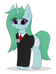 Size: 1536x2048 | Tagged: safe, artist:keupoz, derpibooru import, oc, oc only, pony, unicorn, :i, badge, cheek fluff, chest fluff, clothes, commission, cutie mark, ear fluff, ears, eyebrows, eyebrows visible through hair, eyelashes, female, full body, green mane, green tail, horn, mare, necktie, purple eyes, shadow, shirt, simple background, solo, standing, suit, tail, text, transparent background, unicorn oc