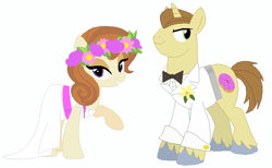 Size: 748x462 | Tagged: safe, artist:unicornsmile, derpibooru import, donut joe, pony, unicorn, cinnamon chai, cinnamon donut, clothes, dress, female, male, mare, marriage, shipping, simple background, stallion, straight, tuxedo, wedding, wedding dress, white background