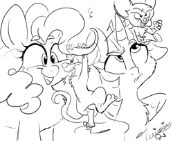 Size: 1280x1040 | Tagged: safe, artist:wimsiecal, derpibooru import, pinkie pie, twilight sparkle, twilight sparkle (alicorn), alicorn, earth pony, mouse, pony, monochrome, pinky and the brain, simple background, white background