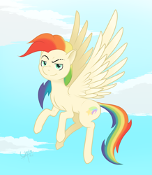 Size: 1671x1920 | Tagged: safe, artist:underwoodart, derpibooru import, oc, oc:shooting star, pegasus, cloud, colored wings, cutie mark, eyebrow slit, eyebrows, female, flight of the valkyrie, flying, gradient wings, lesbian, multicolored hair, pegasus oc, rainbow hair, simple background, sky, smug, spread wings, wings