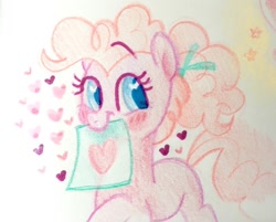 Size: 640x515 | Tagged: safe, artist:kluzart, derpibooru import, pinkie pie, pony, heart, mouth hold, sign, solo, traditional art