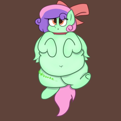 Size: 1280x1280 | Tagged: safe, anonymous artist, derpibooru exclusive, derpibooru import, oc, oc only, oc:candy, pegasus, pony, :o, belly, belly button, brown background, fat, hungry, obese, open mouth, simple background, solo, stomach noise