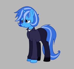 Size: 1146x1068 | Tagged: safe, artist:menalia, derpibooru import, oc, oc only, oc:freezy coldres, pony, unicorn, baseball bat, clothes, female, gun, horn, jacket, magic, mare, pants, sad, shirt, shoes, show accurate, solo, t-shirt, weapon