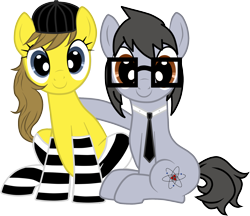 Size: 1857x1605 | Tagged: safe, artist:silver-bristle, derpibooru exclusive, derpibooru import, oc, oc only, oc:liz (cardshark777), oc:silver bristle, earth pony, pony, 2022 community collab, brown eyes, clothes, cutie mark, derpibooru community collaboration, duo, earth pony oc, female, glasses, gray mane, gray tail, hat, male, mare, necktie, show accurate, simple background, sitting, smiling, socks, stallion, striped socks, transparent background