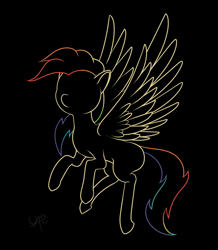 Size: 1671x1920 | Tagged: safe, artist:underwoodart, derpibooru exclusive, derpibooru import, oc, oc:shooting star, pegasus, pony, black background, contrast, flight of the valkyrie, multicolored hair, neon, outline, outlines only, pegasus oc, rainbow hair, simple background, spread wings, wings