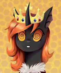 Size: 2001x2400 | Tagged: safe, artist:ske, derpibooru import, oc, oc only, bat pony, changeling, hybrid, original species, pony, bust, crown, curved horn, food, high res, honey, honeycomb, horn, hypnosis, jewelry, orange changeling, palindrome get, portrait, regalia, solo, swirly eyes