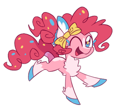 Size: 380x340 | Tagged: safe, artist:s-grunge, derpibooru import, part of a set, pinkie pie, earth pony, pony, bow, chest fluff, coat markings, female, mare, one eye closed, open mouth, open smile, redesign, simple background, smiling, socks (coat marking), solo, transparent background