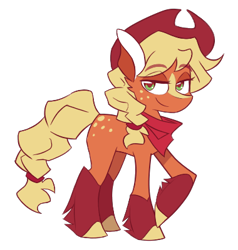 Size: 380x400 | Tagged: safe, artist:s-grunge, derpibooru import, part of a set, applejack, earth pony, pony, alternate design, applejack's hat, clothes, coat markings, cowboy hat, eyebrows, eyebrows visible through hair, female, freckles, hat, lidded eyes, redesign, simple background, smiling, smirk, socks (coat marking), solo, transparent background