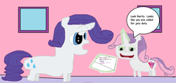 Size: 3372x1588 | Tagged: safe, artist:coltfan97, derpibooru import, rarity, sweetie belle, pony, unicorn, 1000 hours in ms paint, comic sans, jury duty, magic, magic aura, note, shocked, shocked expression, wingdings