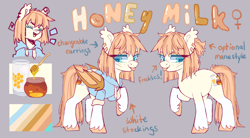 Size: 1600x880 | Tagged: safe, artist:cheekipone, derpibooru import, oc, oc only, oc:honey milk, bat pony, pony, bat pony oc, blushing, clothes, cutie mark, eyes closed, food, freckles, honey, hoodie, lidded eyes, raspberry, reference sheet, smiling, tongue, tongue out