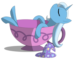 Size: 1868x1488 | Tagged: safe, artist:mrtank667, derpibooru import, trixie, pony, unicorn, clothes, cup, cute, diatrixes, female, hat, hatless, mare, missing accessory, resting, simple background, sleeping, solo, teacup, that pony sure does love teacups, trixie's hat, white background