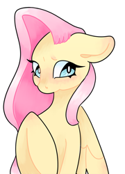 Size: 1280x1773 | Tagged: safe, artist:3y3candy204, derpibooru import, fluttershy, pegasus, pony, aside glance, blushing, bust, ears, female, floppy ears, looking at you, mare, raised hoof, raised leg, simple background, solo, white background, wings