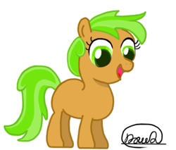 Size: 883x752 | Tagged: safe, artist:daudattano, derpibooru import, oc, oc only, earth pony, pony, earth pony oc, female, filly, foal, full body, green eyes, open mouth, open smile, signature, simple background, smiling, solo, standing, tail, two toned mane, two toned tail, white background