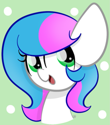 Size: 601x684 | Tagged: safe, artist:sugarcloud12, derpibooru import, oc, oc only, oc:sugar cloud, pegasus, pony, abstract background, bust, female, green eyes, mare, open mouth, open smile, pegasus oc, portrait, signature, smiling, solo, two toned mane
