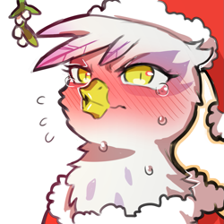 Size: 1159x1159 | Tagged: safe, artist:cold-blooded-twilight, derpibooru import, gilda, griffon, blushing, christmas, clothes, costume, embarrassed, frown, hat, holiday, kissy face, mistletoe, santa costume, santa hat, simple background, slit eyes, sweat, teary eyes, transparent background, tsundere
