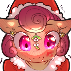 Size: 1159x1159 | Tagged: safe, artist:cold-blooded-twilight, derpibooru import, posey shy, blushing, christmas, clothes, costume, ear piercing, earring, ears, floppy ears, glowing, glowing eyes, hat, heart, holiday, jewelry, kiss mark, kiss on the cheek, kissing, lipstick, looking at you, missing accessory, mistletoe, no glasses, piercing, santa costume, santa hat, shivering, shy, simple background, transparent background